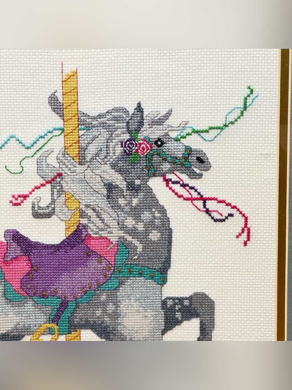 Handmade Cross Stitch Dapple Grey Carousel Horse Wall Art - Picture 2 of 7